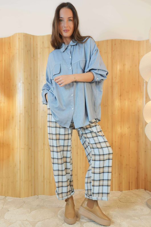 Rhona Plaid Brushed Cotton Kick Pant Blue - 